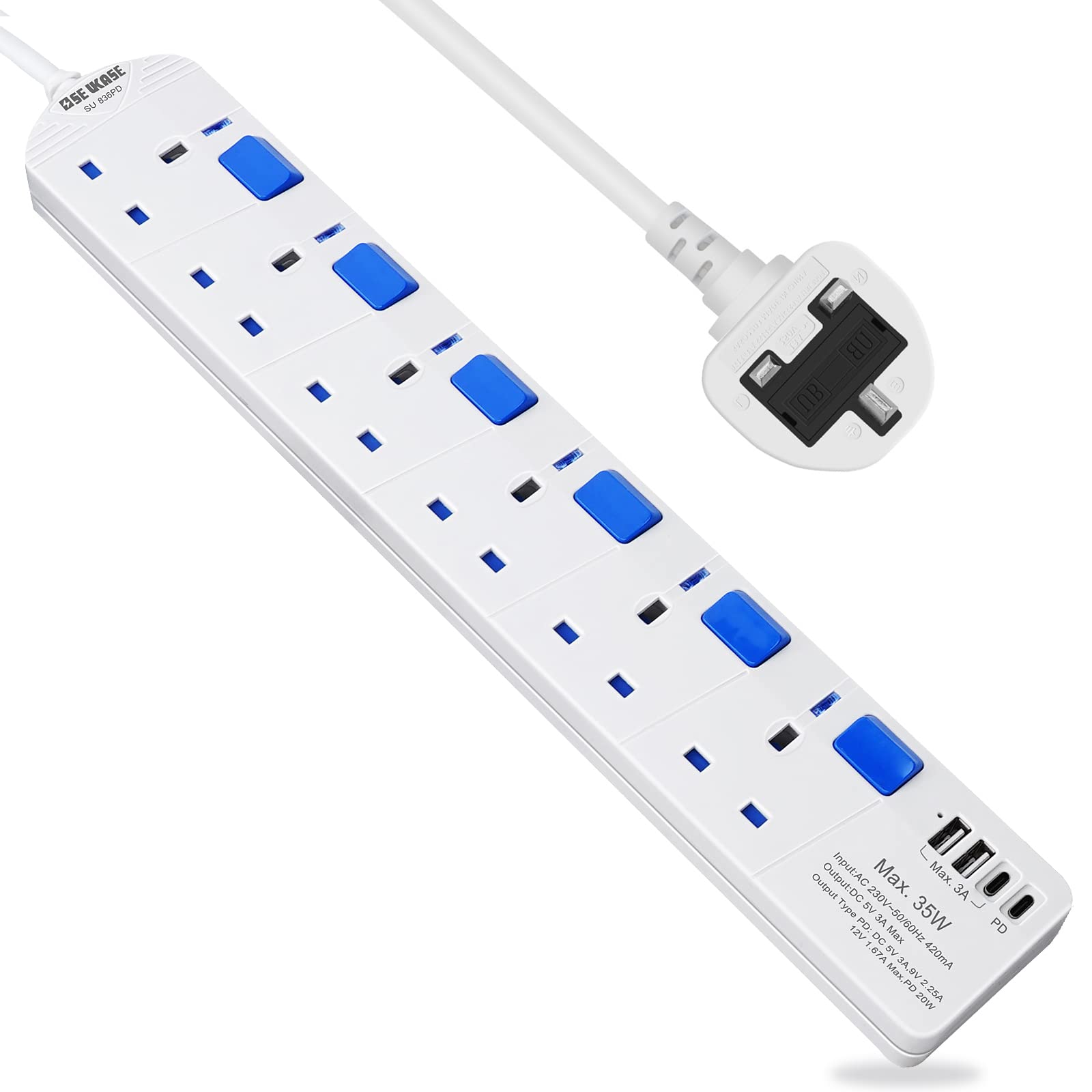 SE UKASE Extension Lead withUSB-C PD port,Fast Charging, 6 Way Plug Sockets with Individual Switches USB and Type C, Wall Mount Design with 2M Extension Cable 2990W/13A SU 836PD