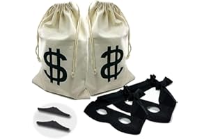 6 Pieces Robber Costume Set Include Dollar Sign Large Canvas Money Bags Bandit Eye Cover Fake Mustaches for Halloween Cosplay