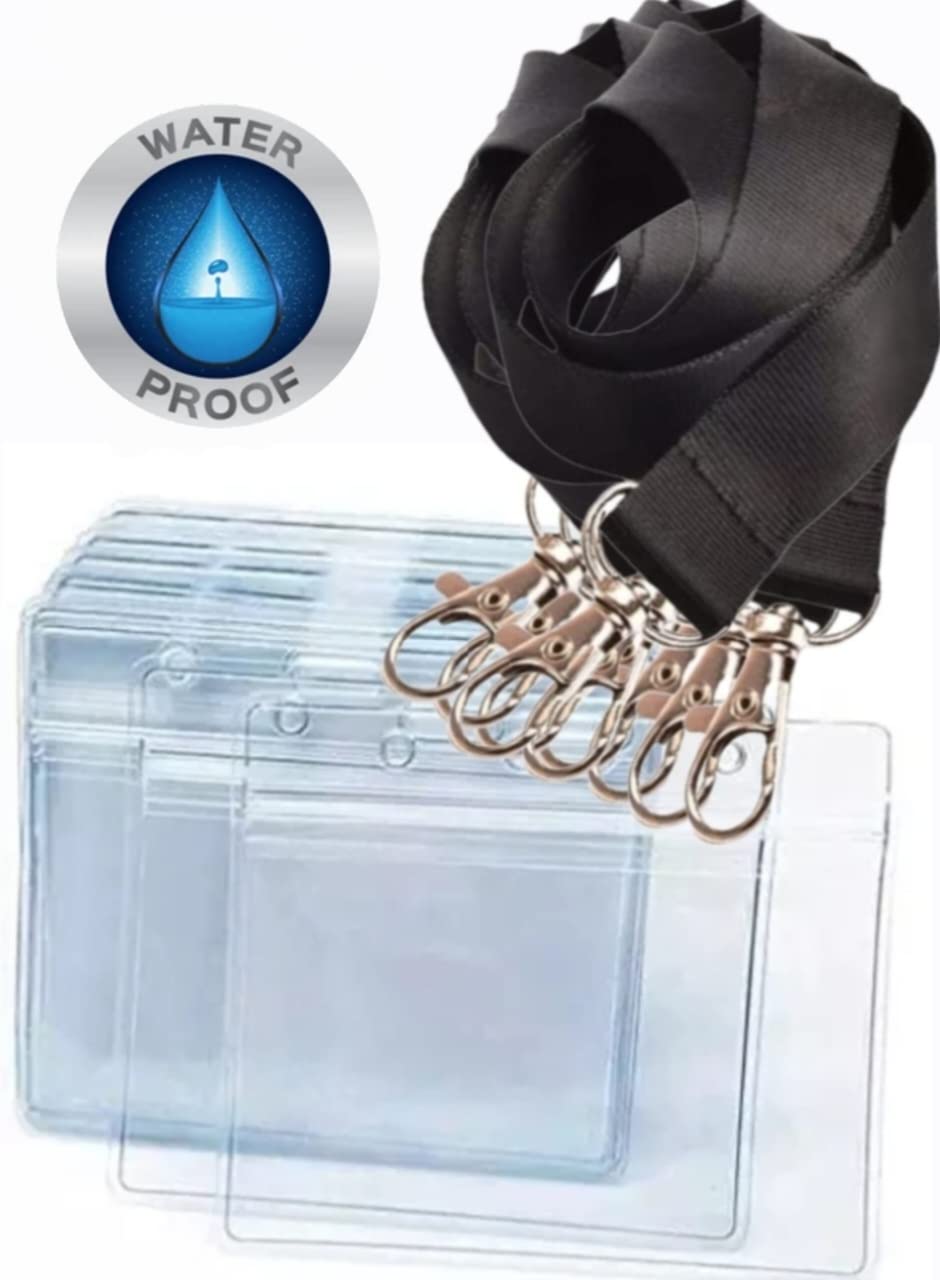 ID Cards with LanyardS, 100 Pack Horizontal Waterproof Name Badges Holder ID Badge Name Tag Plastic Lan1yard with Swivel Hook for Nurse Volunteer Student (Black - 50 ID Card Holders + 50 Lanyards) โ image 1