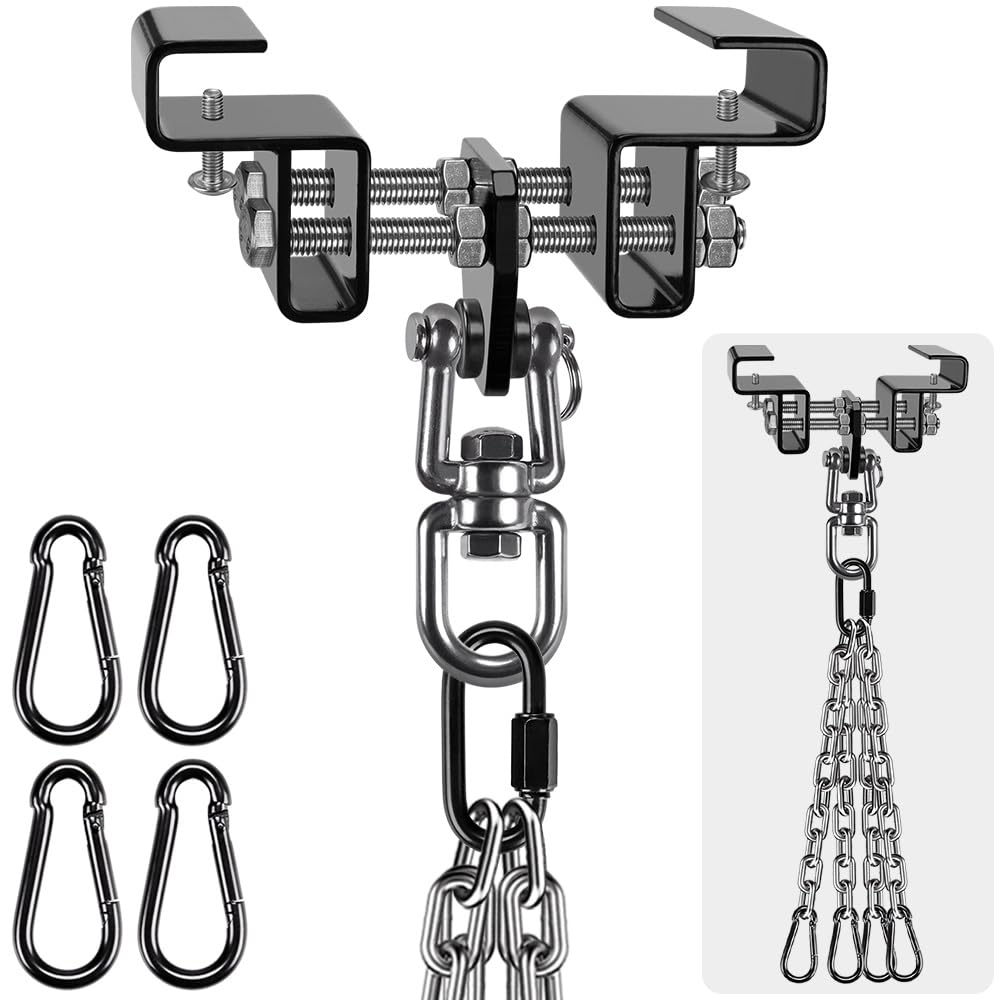 BeneLabel Punching Bag Beam Clamp 9.4-17cm, Boxing Bag I-Beam Hanger Heavy Duty Adjustable Steel Beam Clamp Holder Swivel Beam Mount Bracket with 4 Carabiners & 4 Chains for Muay Thai Training,900lbs