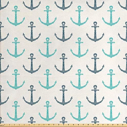 LONSANT Nautical Fabric The Yard, Line Art Hand Drawn Anchors Minimalism Inspired Maritime Pale Toned Image, Decorative Fabric Upholstery Home Accents,10 Yards, Seafoam Dark Blue