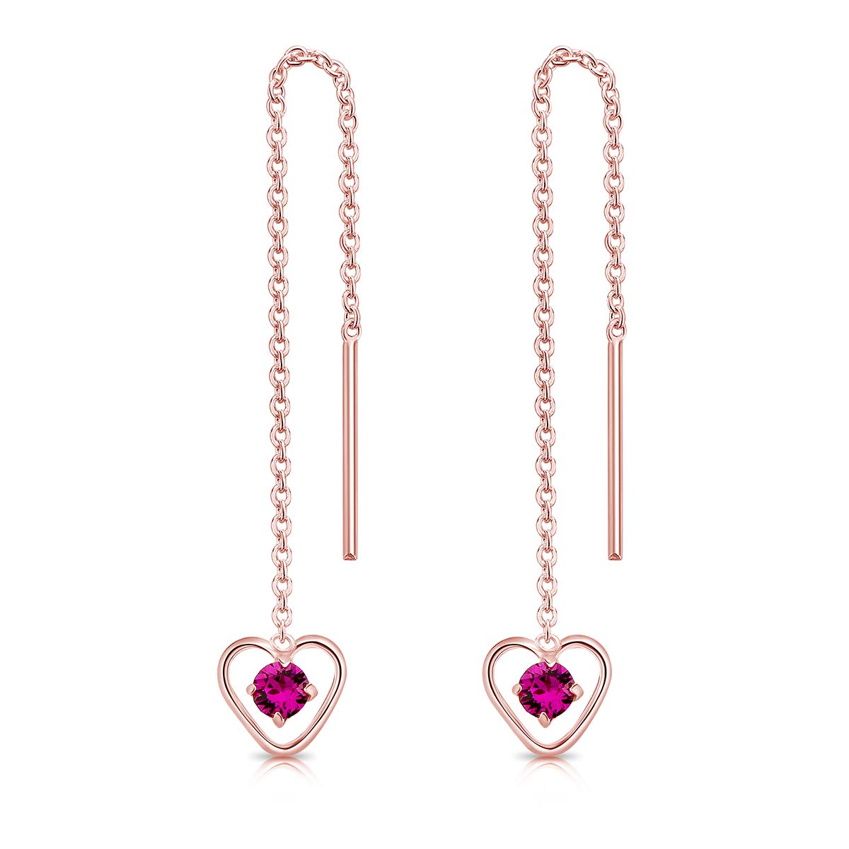 DTPsilver® 925 Sterling Silver Rose Gold Plated Pull Through Drop Chain Earrings & Dangling Heart with SMALL Round 3 mm Crystals from Swarovski® Elements - Length 68 mm - Colour : Fuchsia