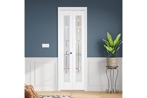 Roymelo White Bifold Doors for 24"×80" Opening, Tempered Frosted Glass Cross Transparent Folding Barn Door with 2FT Concealed