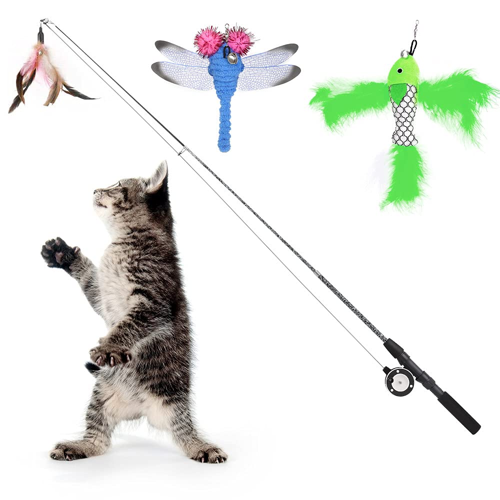 Pawaboo Cat Feather Toys, 4 Pack Interactive Teaser Wand, Retractable Fishing Pole Catcher Exerciser With Refill Fish, Dragonfly Worm With Bells, Fun Kitten Kitty Playing Toy