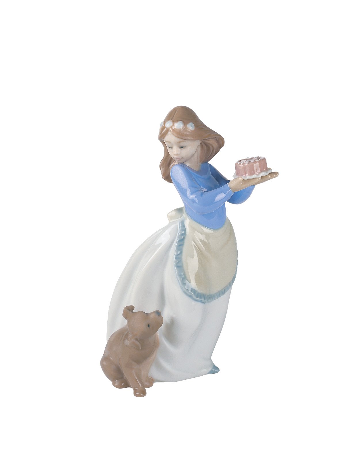 NAO Puppy's Birthday. Shiny Porcelain Decorative Figure. Ornamental Figurine of Girl with Cake and Little Dog in Pastel Tones for Home Decoration