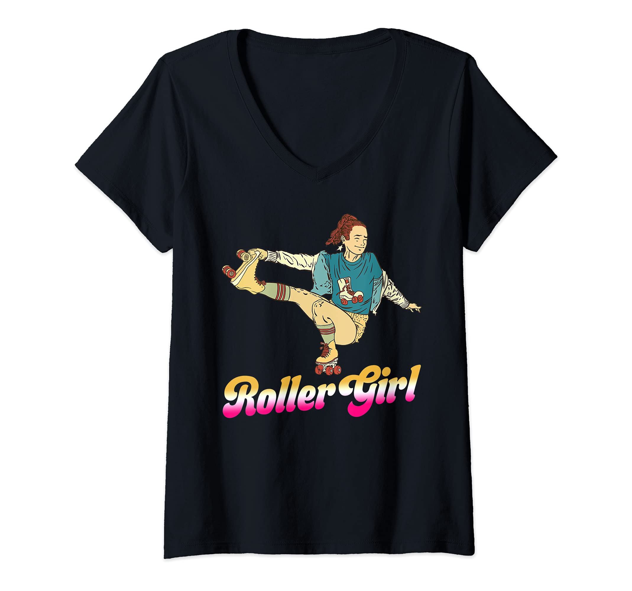 Womens Roller Girl Skates Womens Skatter Vintage Retro 70s 80s V-Neck T-Shirt