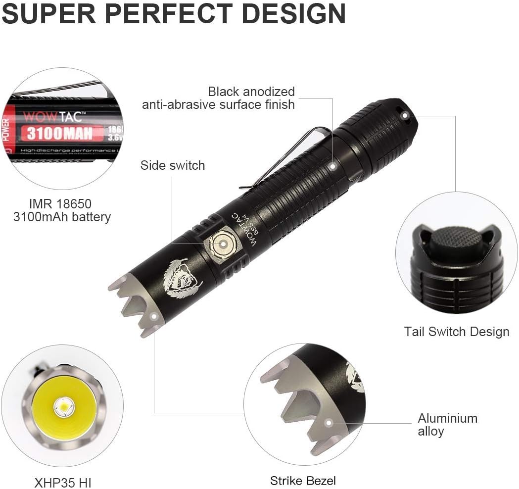 WOWTAC BSS V4 Tactical LED Flashlight, strike bezel, Super Bright 1785 Lumens Rechargeable EDC Flashlight, Waterproof IPX8 Portable Outdoor Handheld Light for Camping Hiking Emergency Self-protect- CW - - 