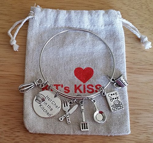 Chef bracelet, Hot Chef bracelet, Chef jewelry, Kitchen charm, cooking charm, Chef charm bracelet, cook book, frying pan, spatula, fork and knife, measuring cup, egg beater, Hot Chef bangle bracelet
