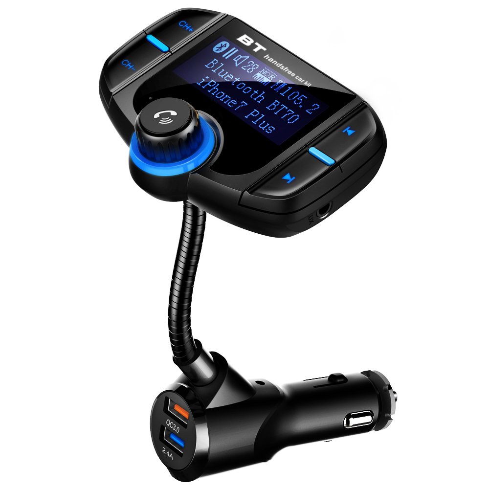[2018 Version]Bluetooth 4.2 FM Transmitter, CHGeek Quick Charge 3.0 and Smart 2.4A Dual USB Car Charger, Wireless Radio Audio Adapter Handsfree Calling Car Kit 1.7 Inch Display with On Off Switch, TF card MP3 Player Aux Input (Work with Sir