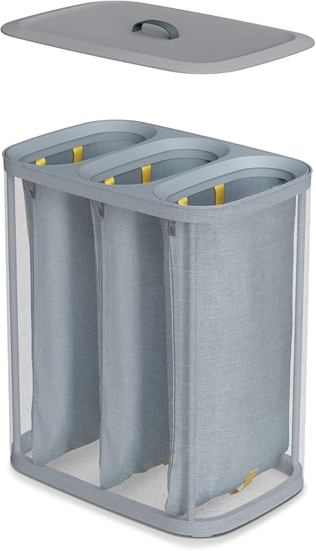 Tota- Trio Panier de séparation du Linge de 90 litres avec Couvercle, 3 Sacs de Lavage Amovibles avec poignées, Gris