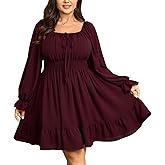 SCOMCHIC Womens Plus Size Dresses Long Sleeve Square Neck Smocked Casual Ruffle A-Line Flowy Fall Mini Milkmaid Dress