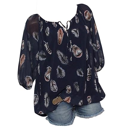 Petalum Damen Bluse Tops Hälfte Ärmel Feder Print V-Ausschnitt Casual Lose Blusentop Oversiyed Lässig Tunika Tunikabluse