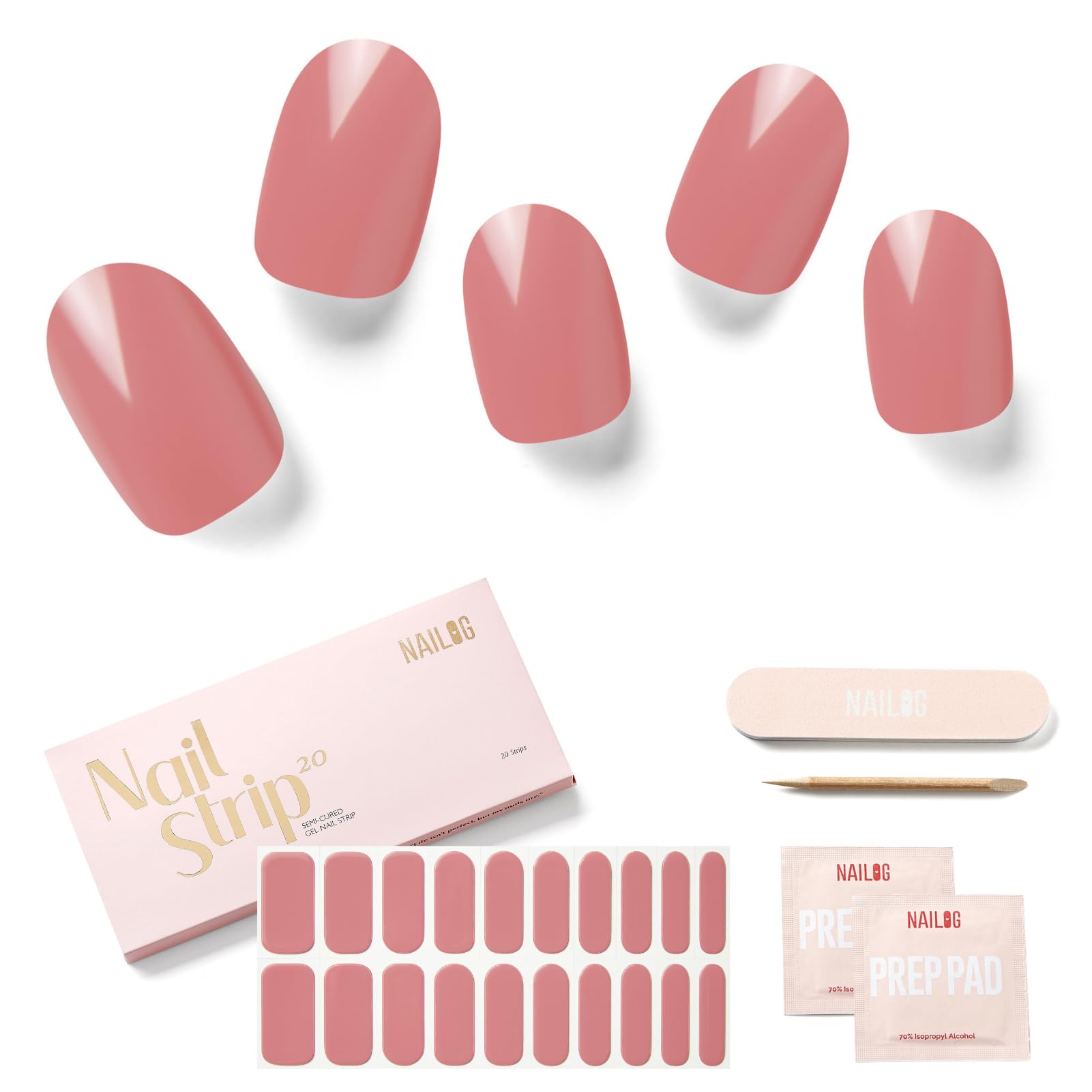 NAILOG Semi Cured Gel Nail Strips, Extra Long Nail Polish Strips (20 Pieces),UV/Led Lamps Nail Stickers with Soft Glossy Gel Finish,Roselyn — image 1