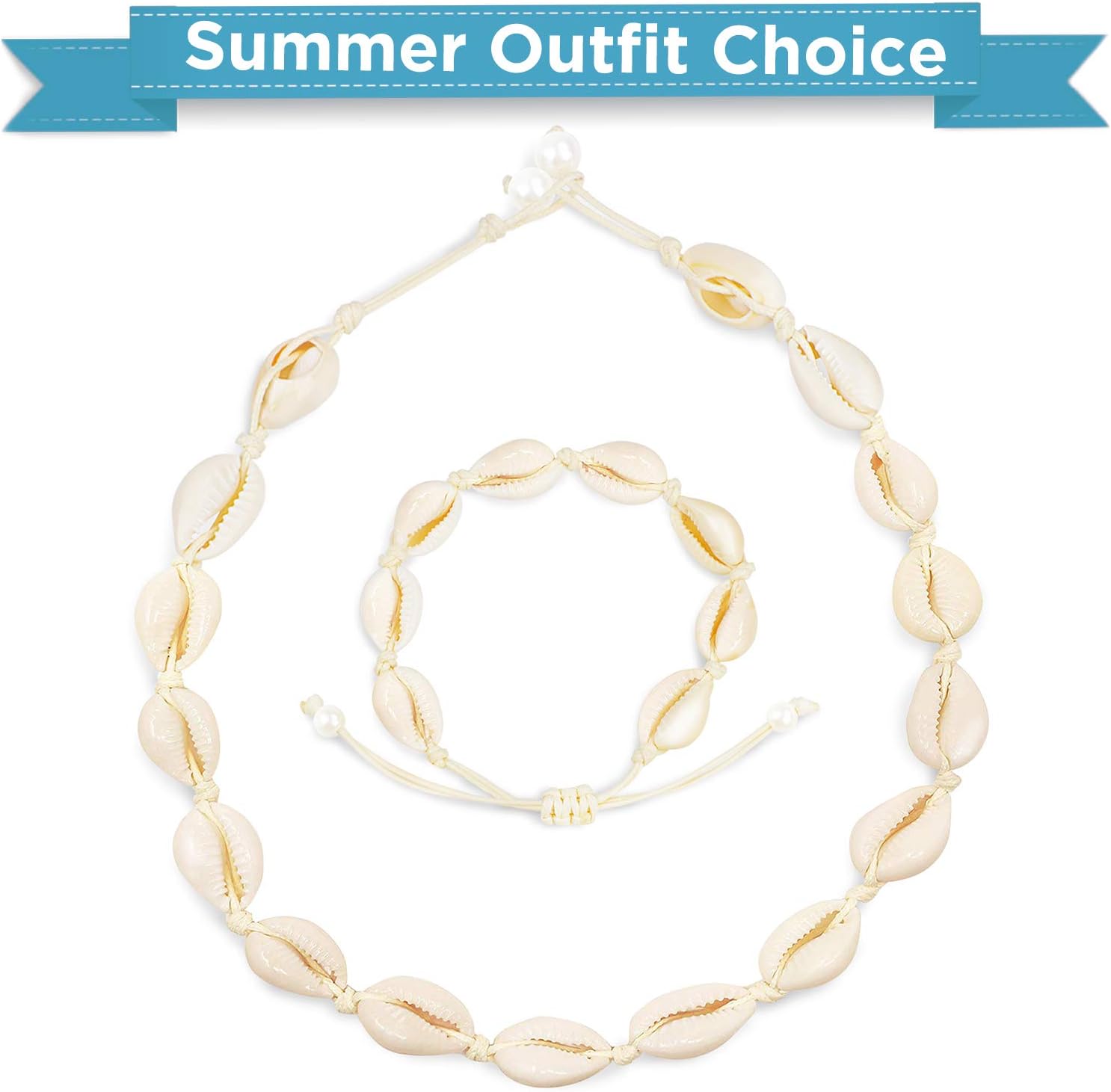 AOMAIS Shell Necklace for Women/Girls, Natural Shell Choker and Anklet Handmade Cowrie Shell Necklace Choker Beach Bohemian Jewelry Set