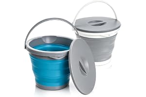 Bekith 2 Pack Collapsible Plastic Bucket with Locking Lid, 5L / 1.32 Gallon Foldable Round Tub Portable Fishing Water Pail for Hiking, Backpacking, Camping and Outdoor Survival (Blue, Gray)