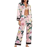 Brosloth Womens Silky Pajamas Floral Print Satin Pajama Set Long Sleeve Button Up Soft Sleepwear Cute Pj Sets