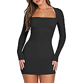 ANRABESS Women Long Sleeve Square Neck Sexy Bodycon Tight Cocktail Party Club Night Formal Short Dress 2025 Going Out Outfits