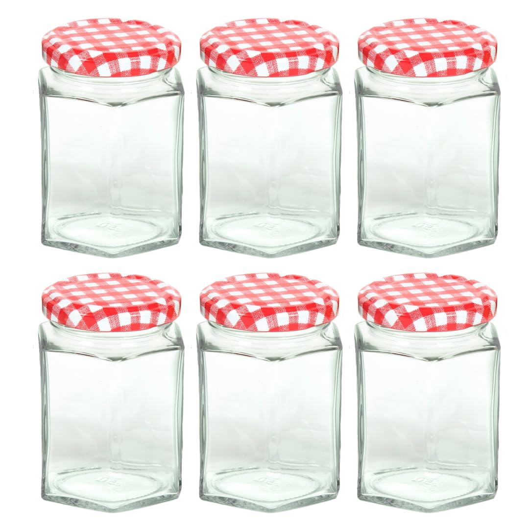 Nutley's 190ml Hexagonal Jam Jars with Red Gingham Lids (Pack of 6)