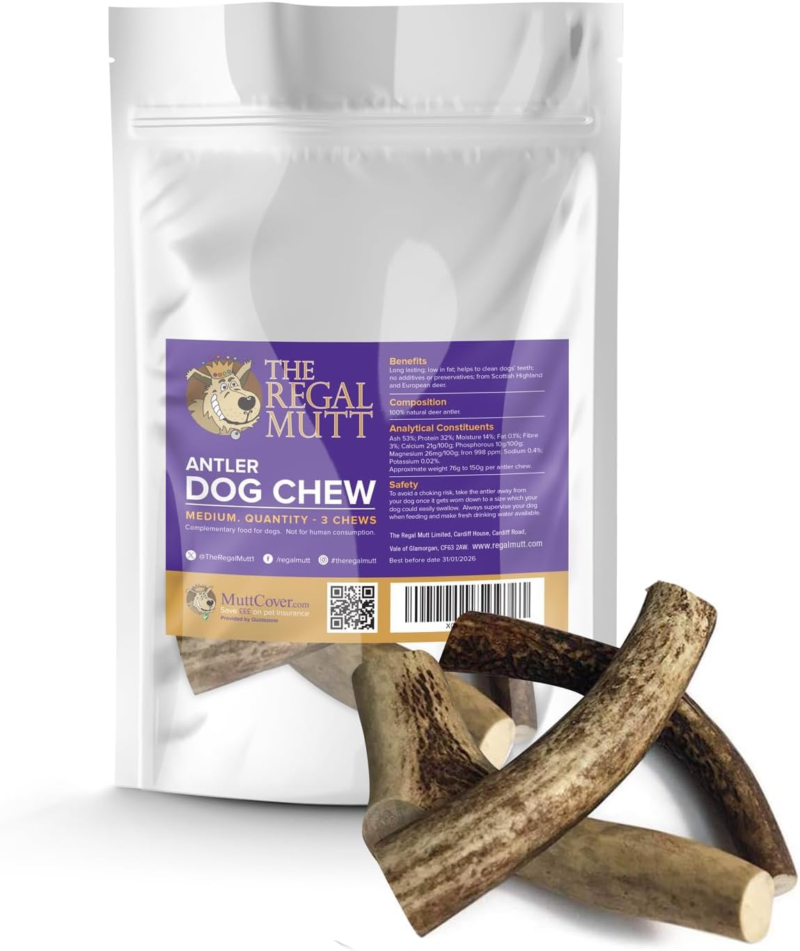 The Regal Mutt - Antler Dog Chews - Medium - Bag of 3 — image 1