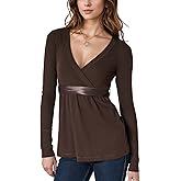 Women’s Long Sleeve Wrap V Neck Babydoll Top, Flowy Hem Fall Fashion Tunic Tops