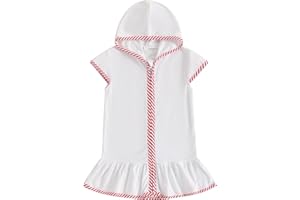 Licupiee Girls Hooded Terry Coverups One Piece Swimsuits Beach Stripe Trim Zip Up Fly Sleeve Swim Cover Up Swimwear