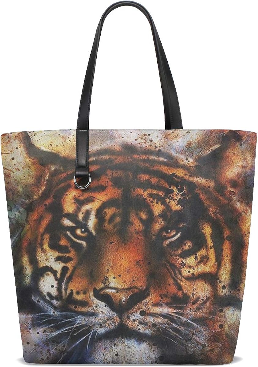 Tiger Painting Double Side Print Black Tote Bag Purse