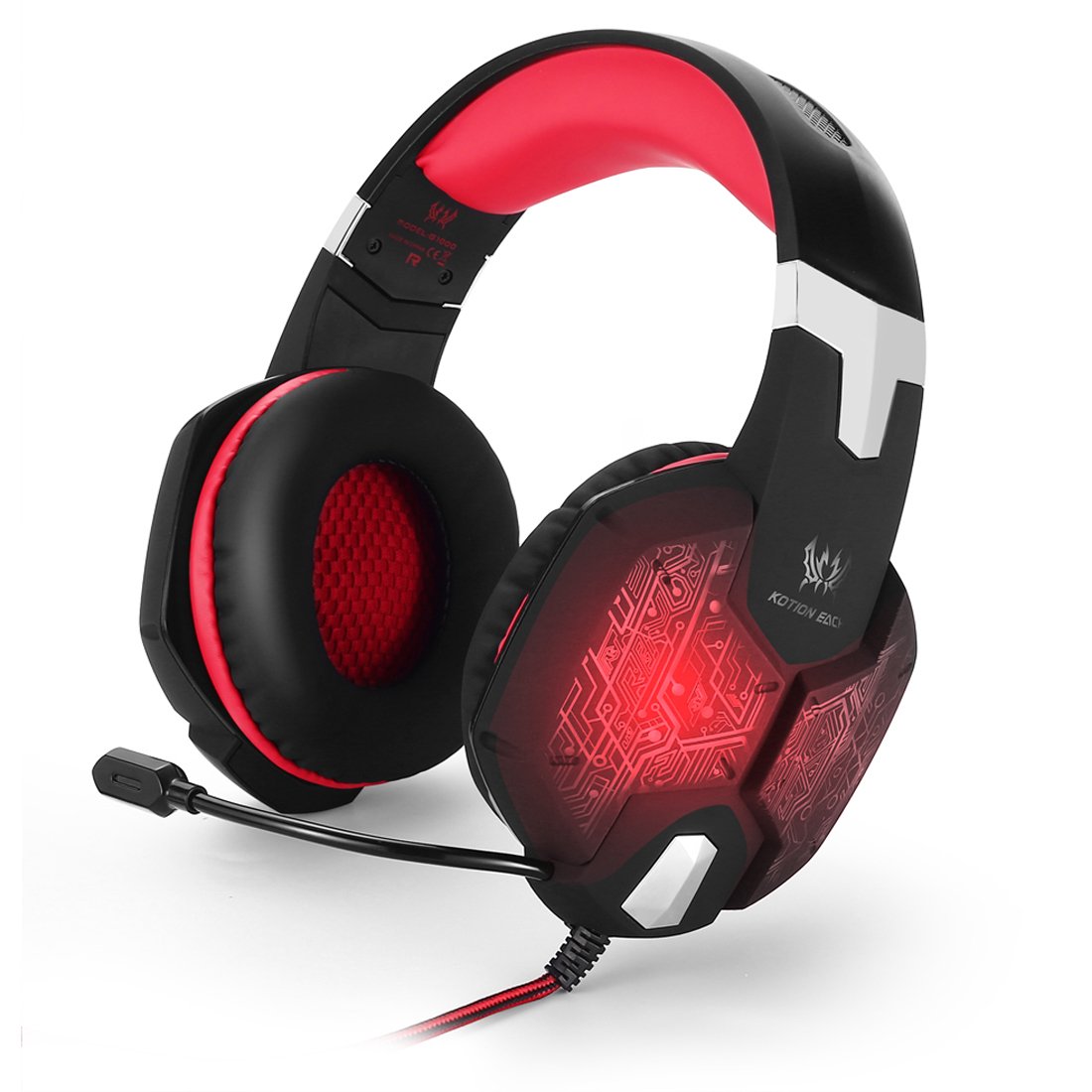 KOTION EACH G1000 Headband 3.5mm Bass Stereo Gaming Headset Over-ear PC Game Headphones with Mic Colorful Breathing LED Light for Laptop Computer (Black-Red)