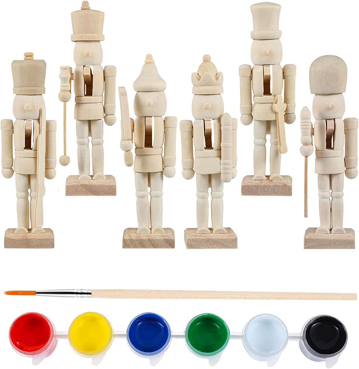 Nutcrackers - AURONUT DIY Wooden Christmas Nutcrackers, 6 pcs Unfinished Coloring Christmas Nutcracker Ornaments, Unpainted Puppet Walnut Soldier with Paint & Brush for Xmas Decoration