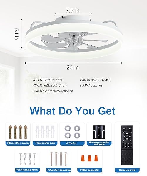 FANCYMAY CEILING FANS WITH LIGHTS AND REMOTE, 20″ MODERN LOW PROFILE CEILING FAN WITH LIGHT, STEPLESS COLOR TEMPERATURE CHANGE AND 6 SPEEDS, FLUSH MOUNT CEILING FANS FOR BEDROOM, KIDS ROOM.(WHITE)