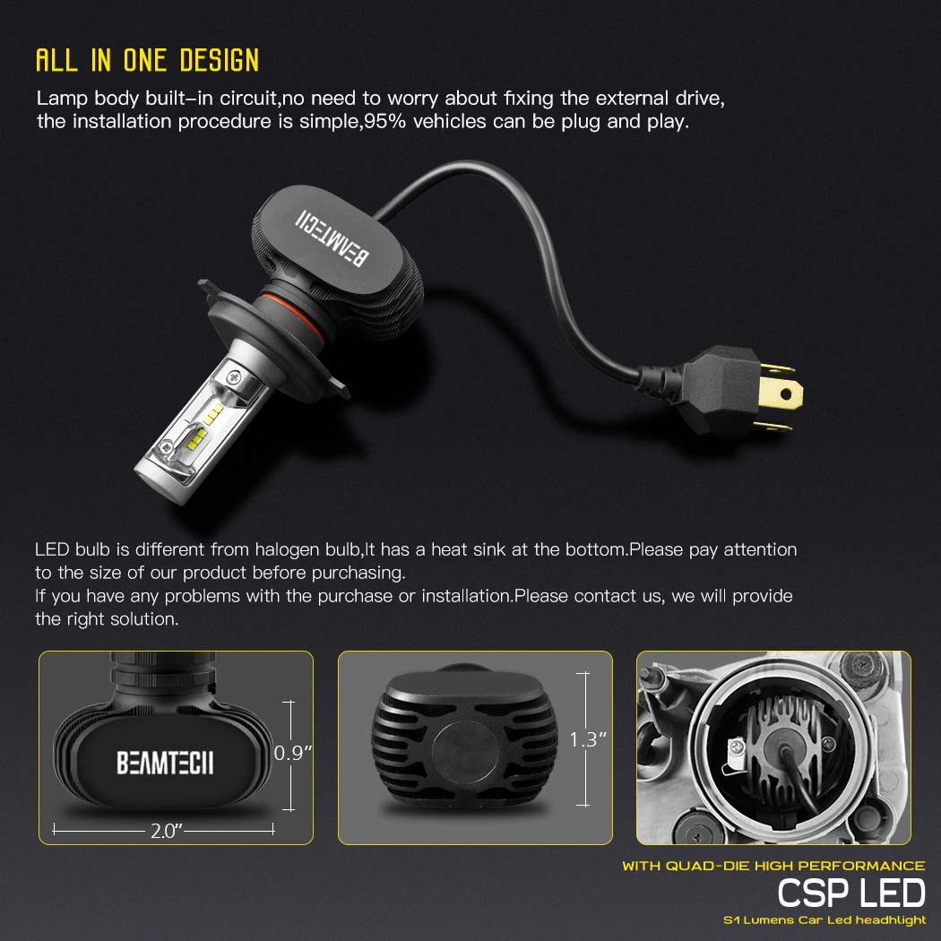 BEAMTECH H4 LED Headlight Bulb, 50W 6500K 8000Lumens Extremely Brigh