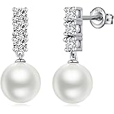ZDaoBen 925 Sterling Silver Pearl Stud Earrings with Pearl 10MM, CZ Cubic Zirconia Pearl Earring Pearl Jewelry for Women