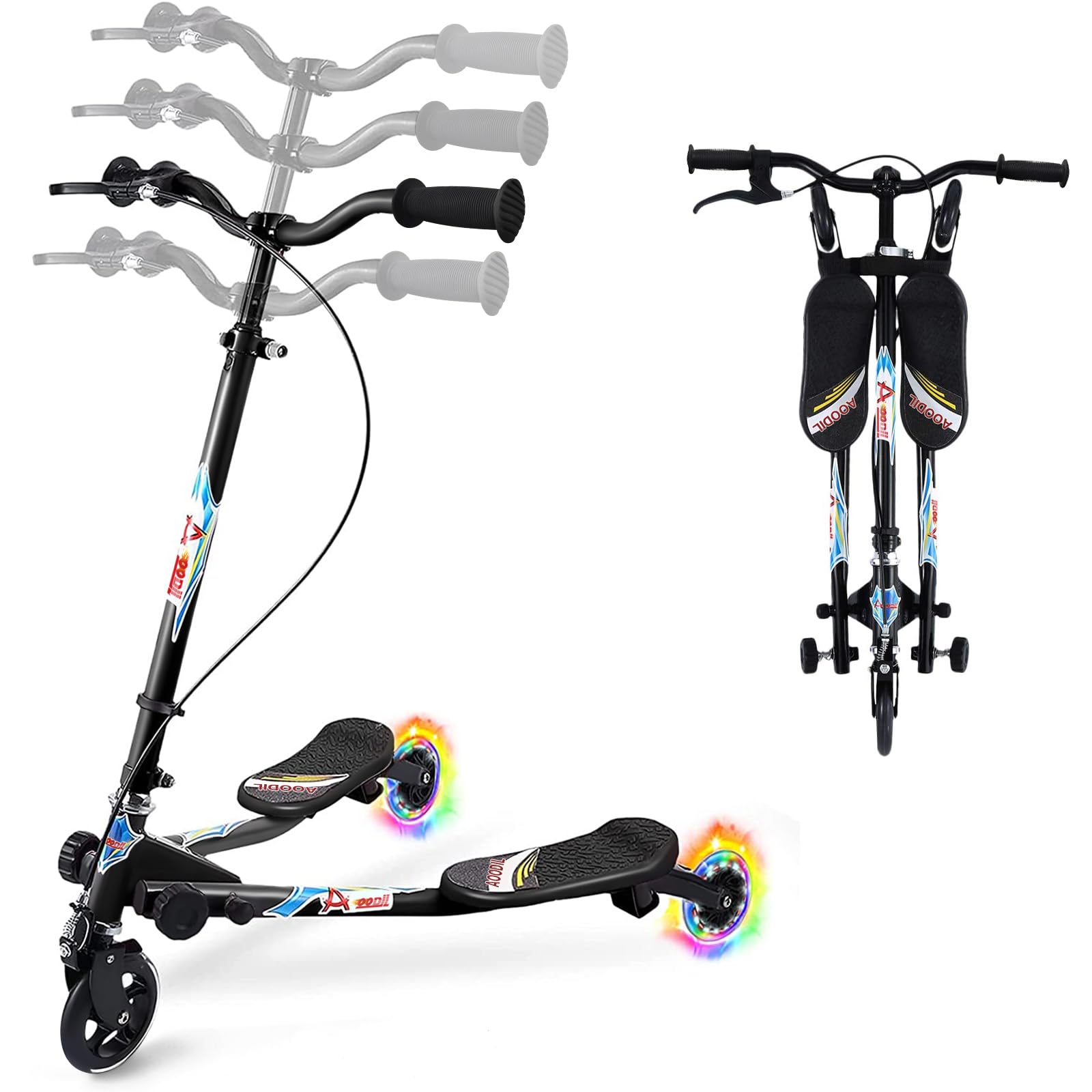 AOODIL Swing Scooter for Kids, 3 Wheels Foldable Wiggle Scooter Push Drifting with Adjustable & 2 Rear LED Wheels Kicks Scooter for Boys and Girls Ages 3-8