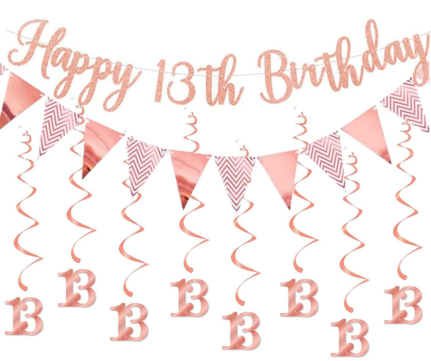 Elicola Happy 13th Birthday Banner Rose Gold Bunting Including 8 PCS Swirl Hanging for Teen Girls Happy 13th Birthday Decorations Supplies