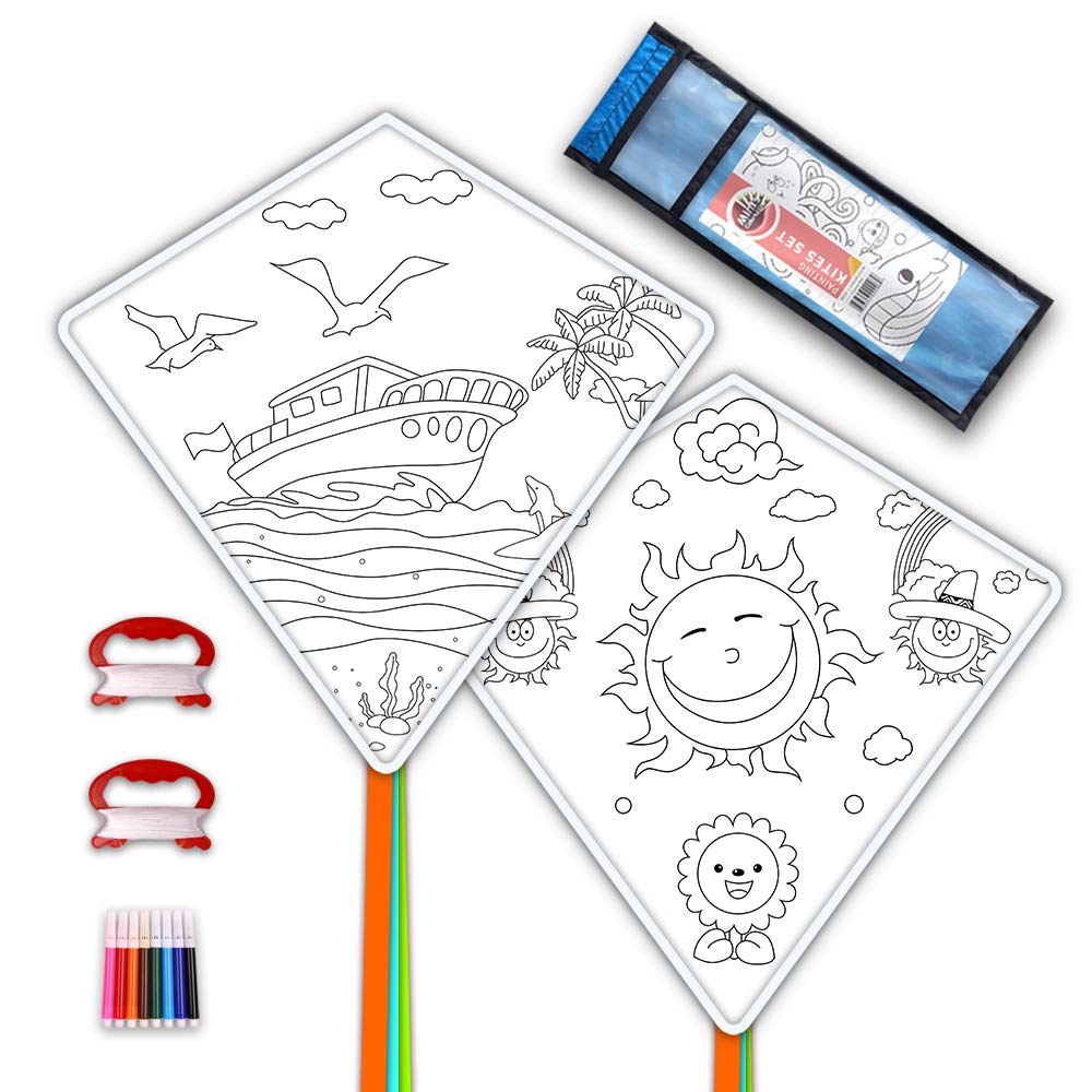 Mint's Colorful Life DIY Kites for Kids Kite Making Kit Bulk, Decorating Coloring Kite Party Pack,White Diamond Kites Kits (2 Pack Ready to Color-Ship Sun)
