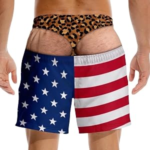 Funny Men Beach Shorts, Gag Butt Print Novelty Swimwear, US Flag Hairy Butt Cheeks with Leopard Thong Beach Shorts, Friend Su