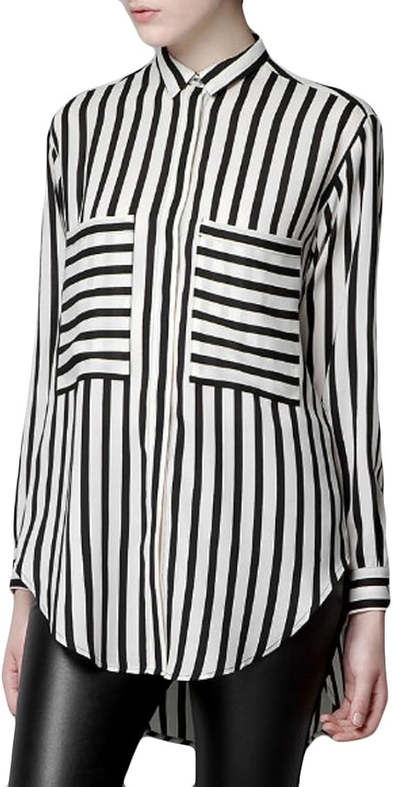 Women Black White Big Pocket Vertical Horizontal Striped