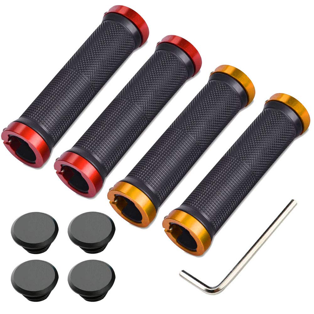 Aiqeer 2 Pairs Bike Handlebar Grips, Anti-Slip Rubber Bicycle Handle Grips with Aluminum Double Lock, Bike Handle Protector for MTB BMX (Red + Golden)