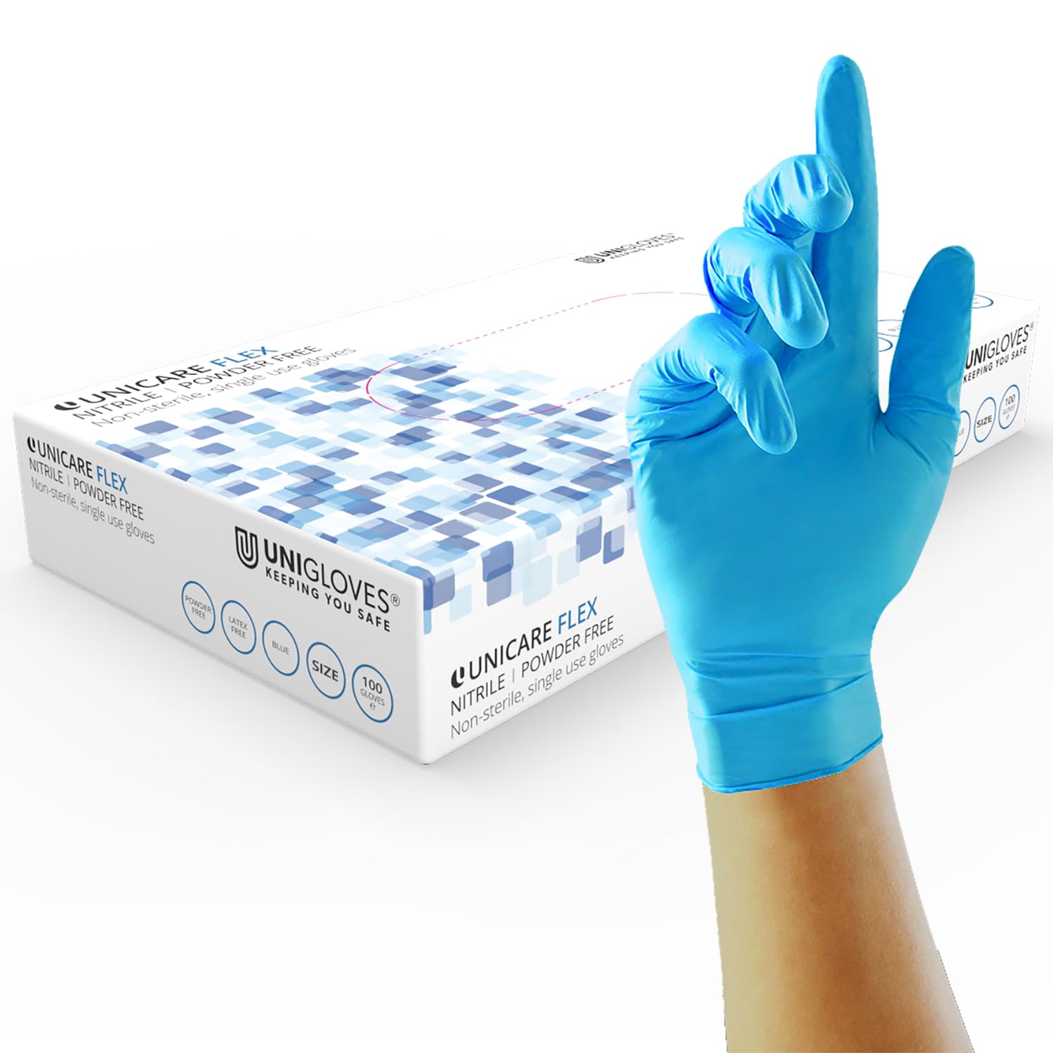 UNIGLOVES Unicare Flex Nitrile Multipurpose Disposable Gloves, Powder Free, Ultra Lightweight, Box of 100 Gloves in Blue, Size Medium (GS0213)