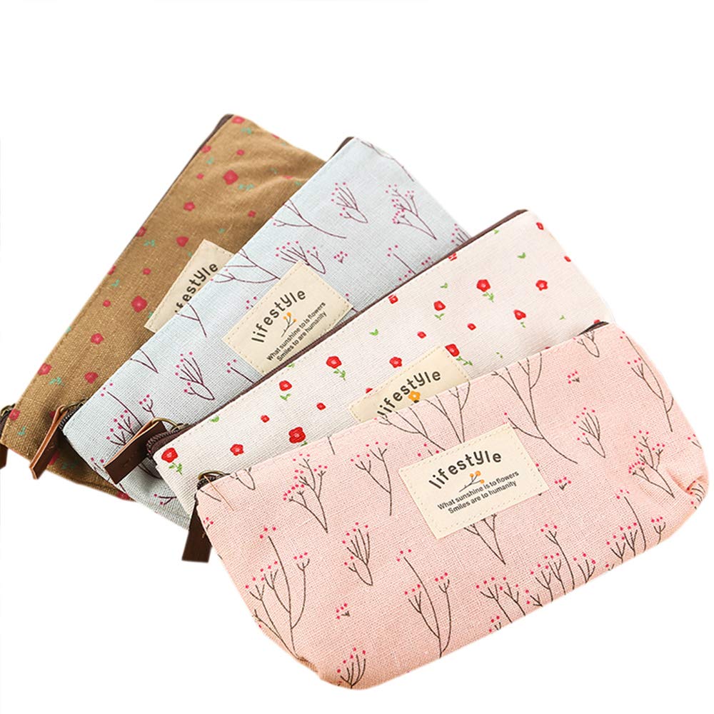 Photo 1 of AKIRO Pencil Case, Cute Floral Flower Canvas Zipper Pencil Cases Lovely Fabric Flower Tree Pen Bags Supplies 4 Pcs