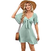 Fancy Uyee Women's Summer Flowy Short Dress Short Sleeve Deep V Neck Knot Front Mini Dresses
