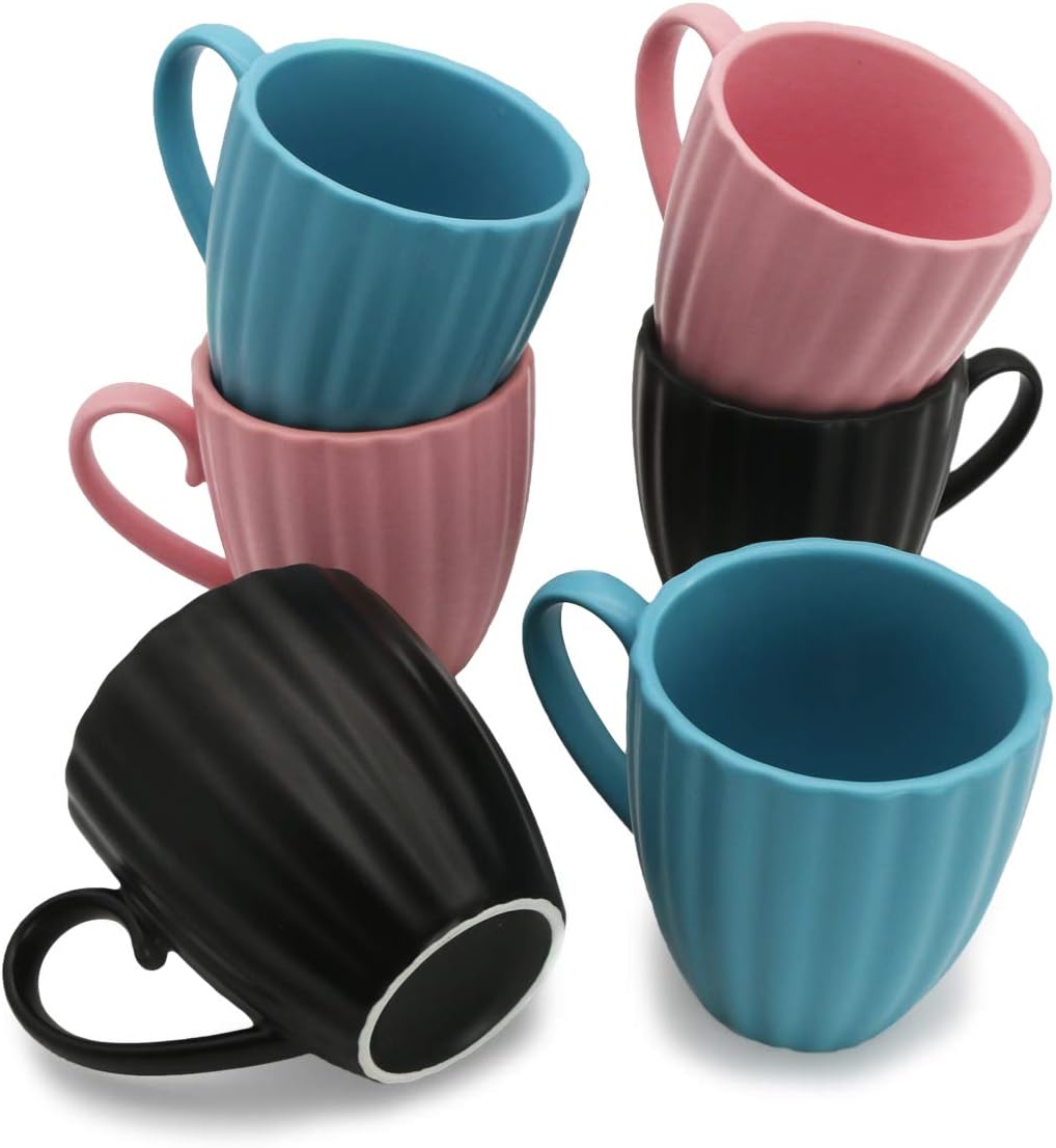 Sumerflos 8 Ounce Porcelain Mugs - Elegant New Petal Stripe Coffee Mugs - Matte Ceramic Mug Set for Coffee, Tea, Cocoa - 3 Colors - Set of 6
