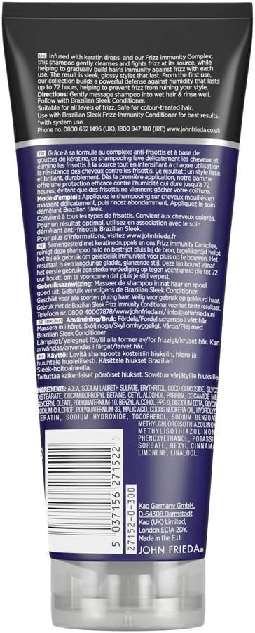 John Frieda Frizz Ease Brazilian Sleek Frizz Immunity Shampoo 250ml, Moisturising Shampoo for Dry Frizzy Hair - Image 3