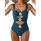 Aidonger One Piece Swimsuits for Women Sexy Cutout Tummy Control Bathing Suit Ruched Monokini with Metal Shell