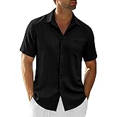 Runcati Mens Button Down Shirts Casual Short Sleeve Linen Shirt Summer Beach Textured Tops with Pocket