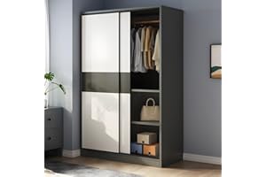 LITFAD Sliding Door Wardrobe Wooden Minimalistic Bedroom Armoires Modern Clothes Cabinet Functional Closet for Clothing with Shelves and Clothing Rods for Bedroom Storage,Black-31.5"L x 18"W x 71"H