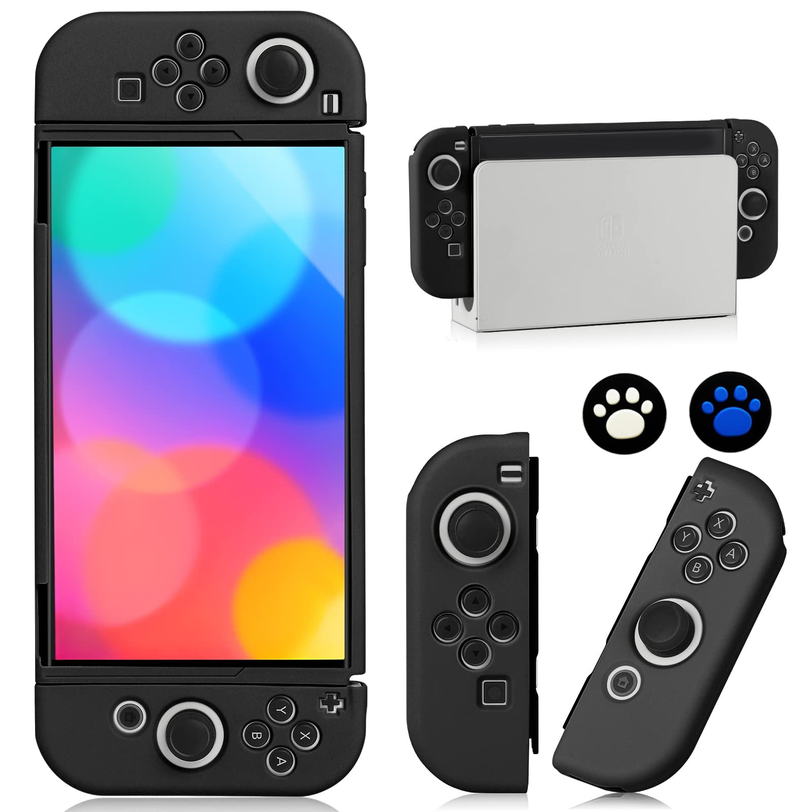 Photo 1 of Switch OLED Case for Nintendo Switch OLED Model, Dockable Cover Soft TPU Protector Case for Switch OLED Grips & Console and Accessories with 2 Pcs Thumb Caps, Black
