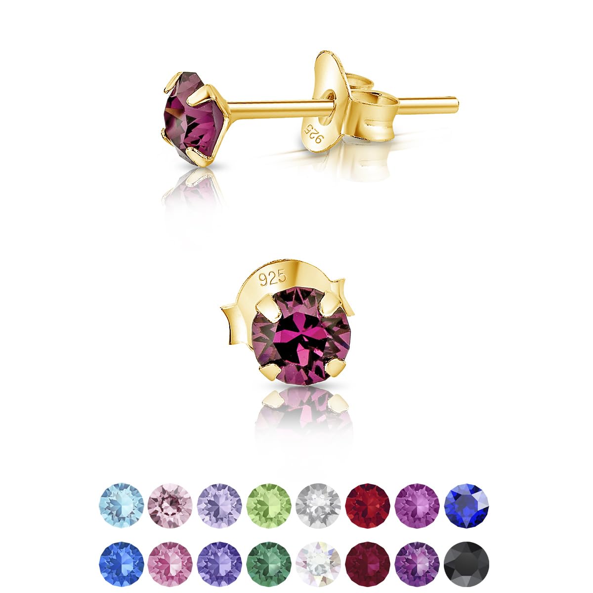 DTPSilver - 925 Sterling Silver Yellow Gold plated Round TINY Stud Earrings made with Glittering Crystals from Swarovski® Elements - Diameter: 3 mm - Colour : Purple Amethyst