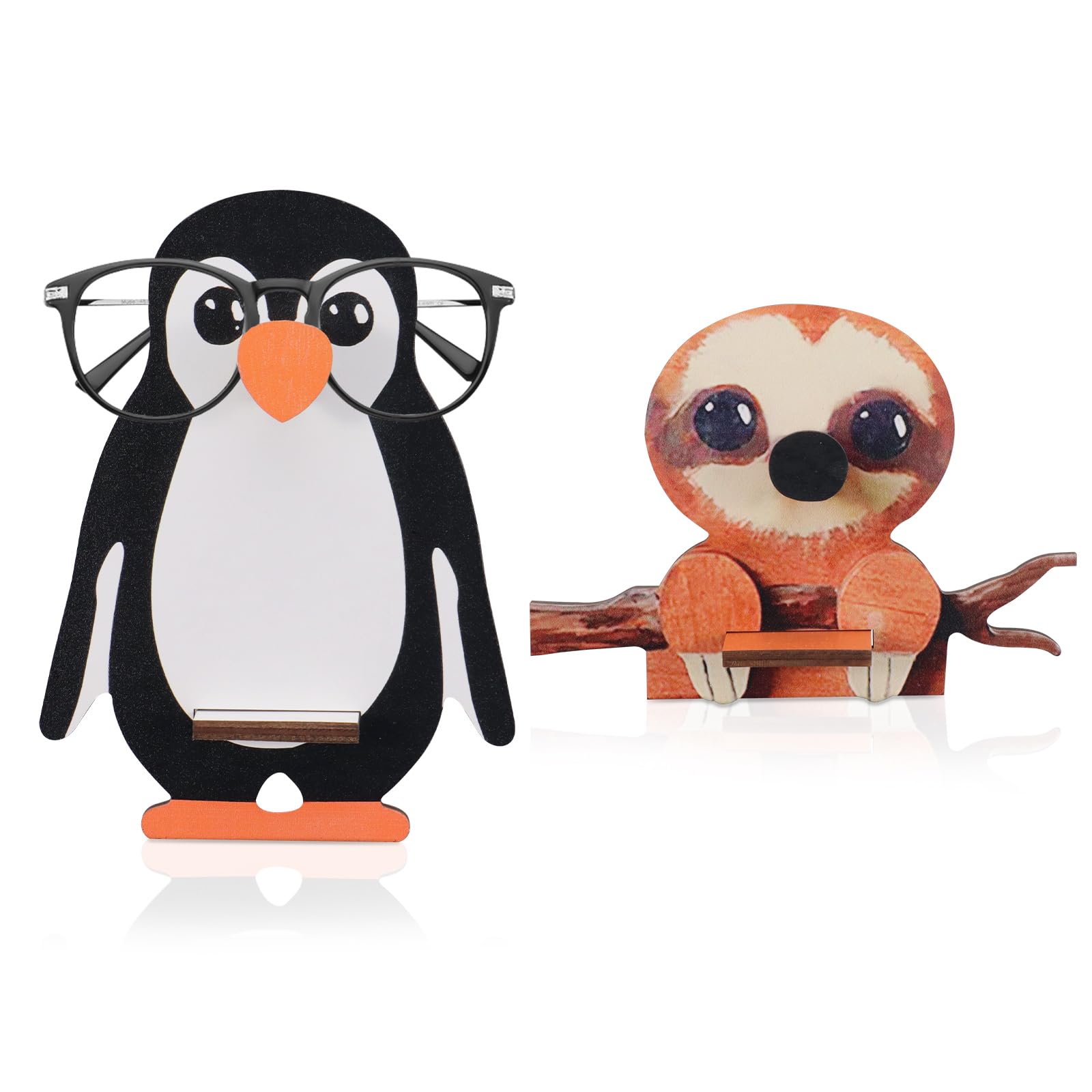 Betinyar 2pcs Animal Glasses Stand, Penguin and Sloth Glasses Holder, Wooden Eyeglass Storage Organizer for Home