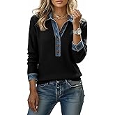 Akivide Women's Denim Patchwork Lapel Collar Long Sleeve Top Casual Loose 2 in 1 Work Layered Pullover Shirt Sweatshirt
