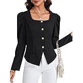 LYANER Women's Square Neck Ruched Long Sleeve Button Down Business Dressy Casual Coat Black Large